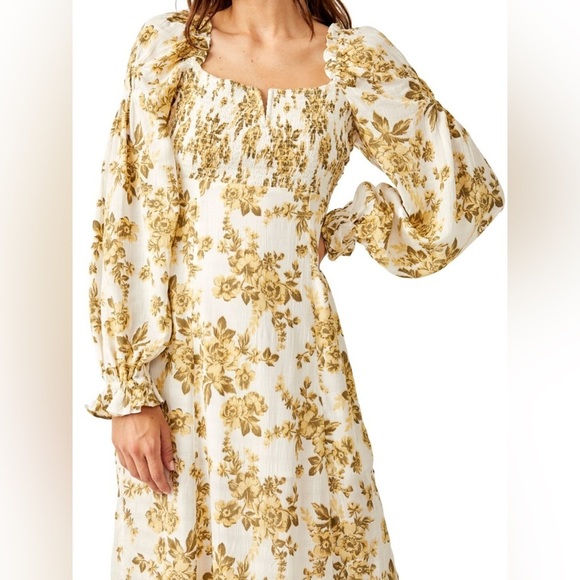 Free People Jaymes Midi Dress Pastry Cream Size XS Boho Milkmaid Smocked Floral - Picture 2 of 16